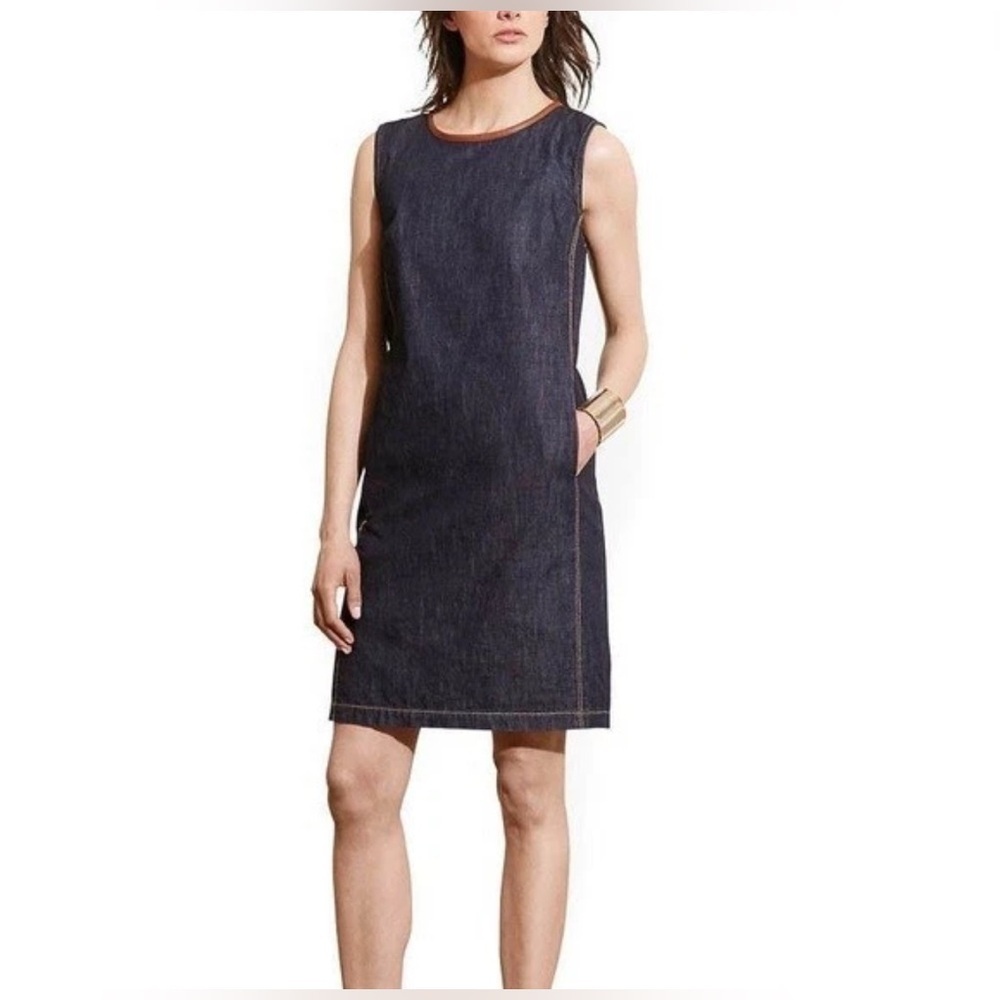 Lauren Ralph Lauren Dark Blue Denim Leather Trim Sleeveless Sheath Dress Size 8